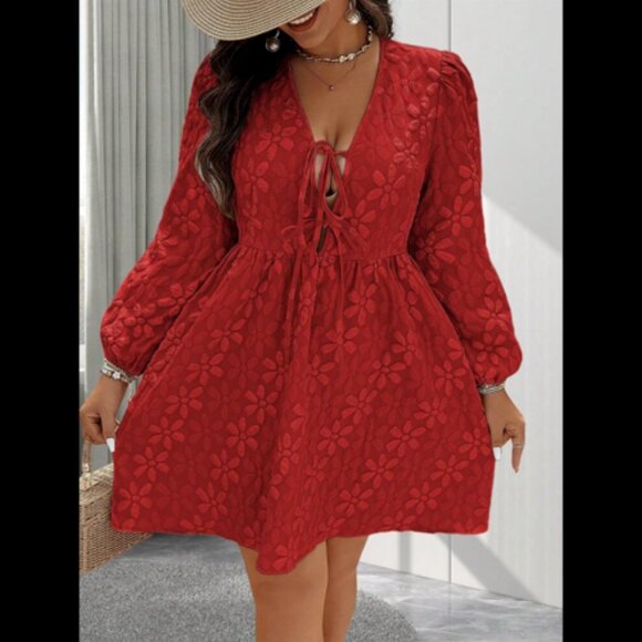 Red Bow Front Long Sleeve Floral Print Balloon Sleeve Baby-doll Dress 0XL - Picture 4 of 12
